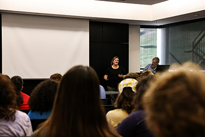 Students listen to presentation by IPTV documentary producer about interviewing and storytelling skills.