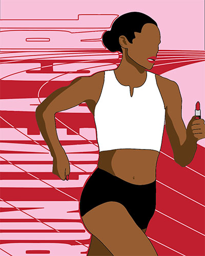 Graphic of Sydney McLaughlin run in the Olympics with a tube of red lipstick.