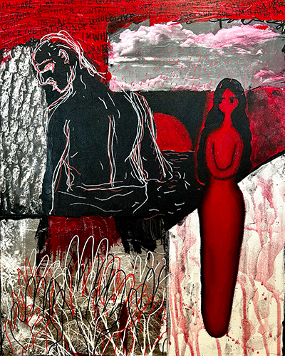 An abstract painting with red, white, black colors and a woman.