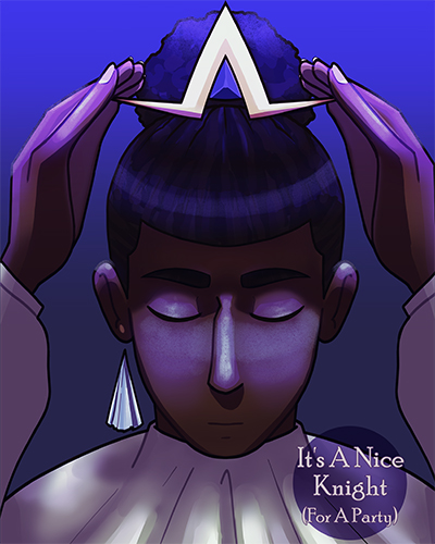 Image of a woman putting on a crown with the words "It's a Nice Knight (for a party)"