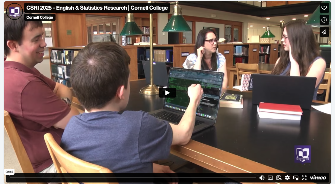Adelaide Ries '28, Joe Wald '27, and professors Tyler George and Katie Sagal discuss their CSRI project at Cole Librar.