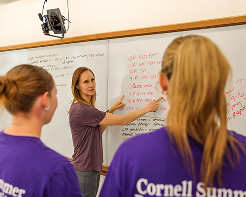 Kristi Meyer talks with two students