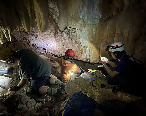 Students in a cave for research.