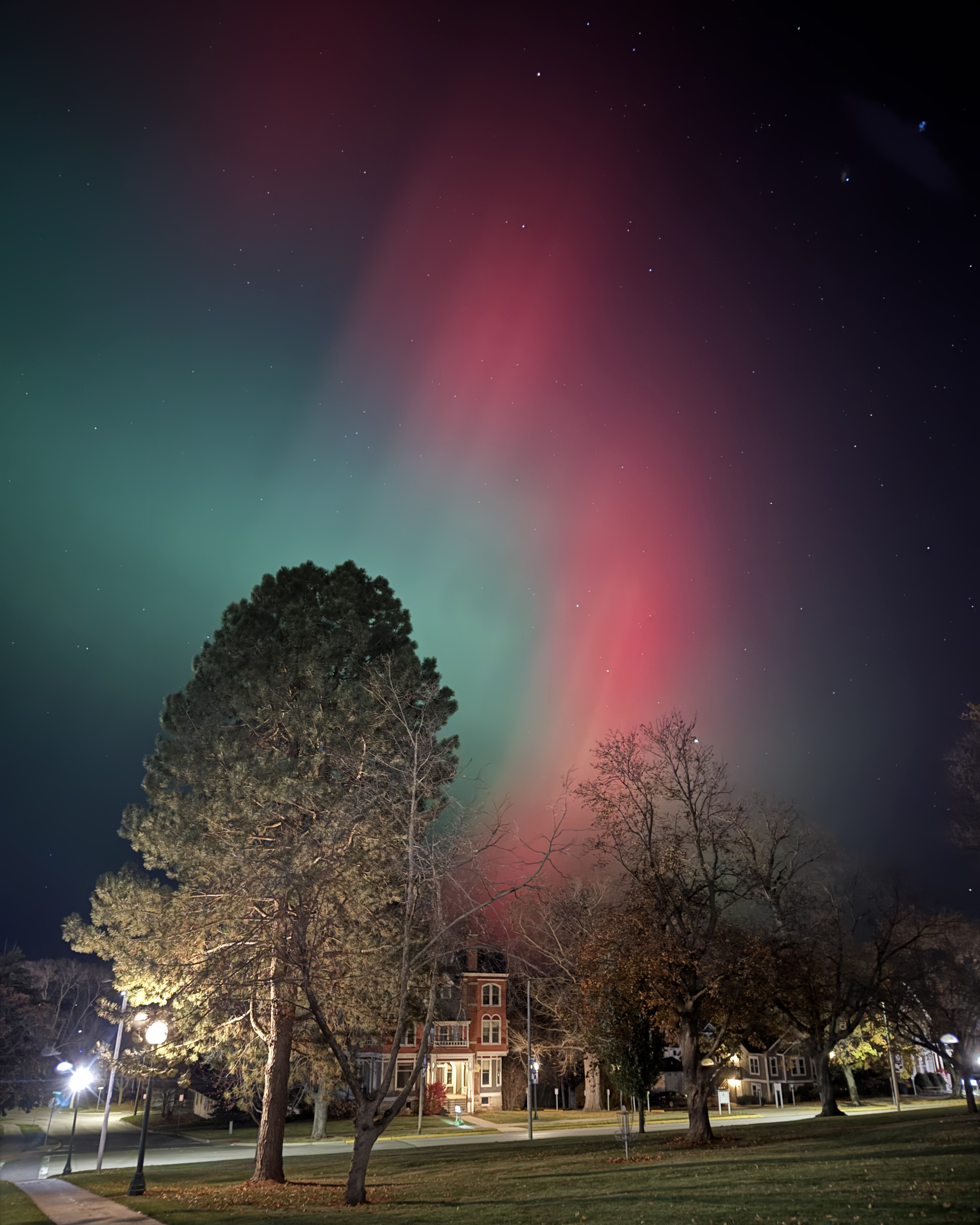 The northern lights as seen from the steps of Bowman-Carter looking north.