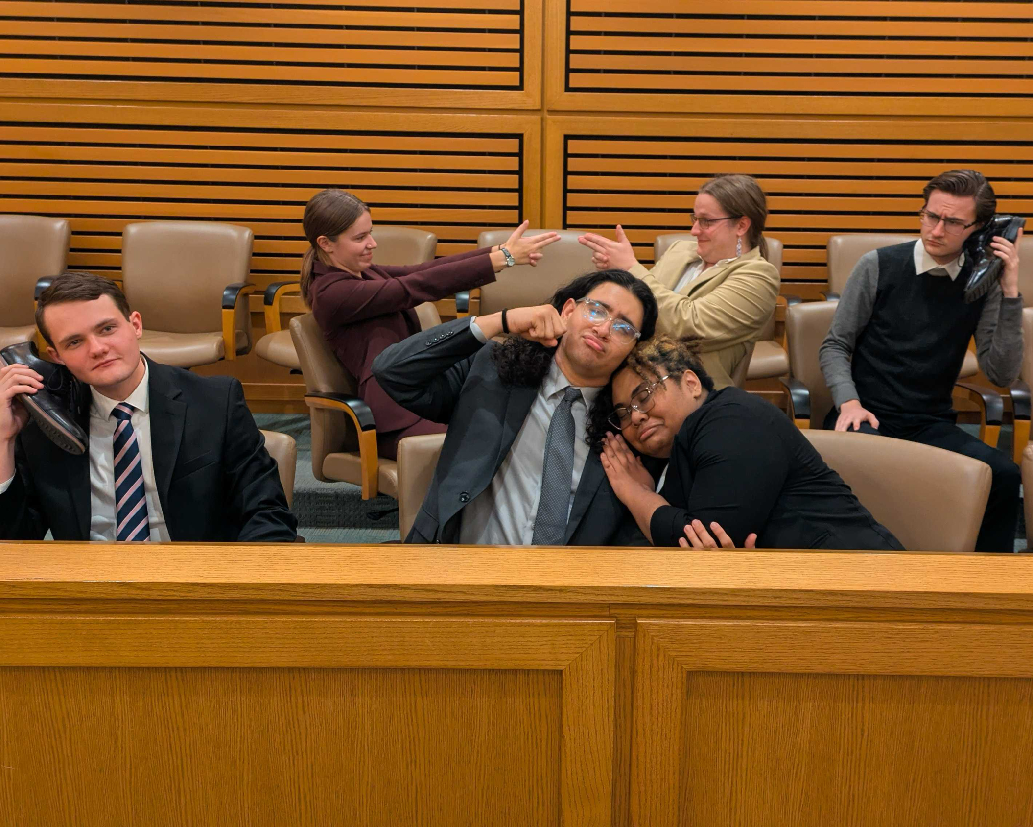 Cornell College mock trial team 1006 pauses for a photo before doing a round as the prosecution.