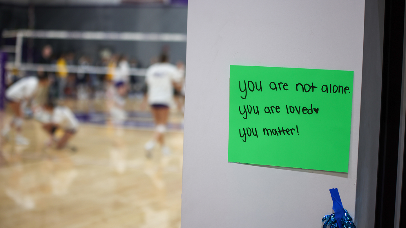 A locker room message for the volleyball team from the student organization Morgan's Message.