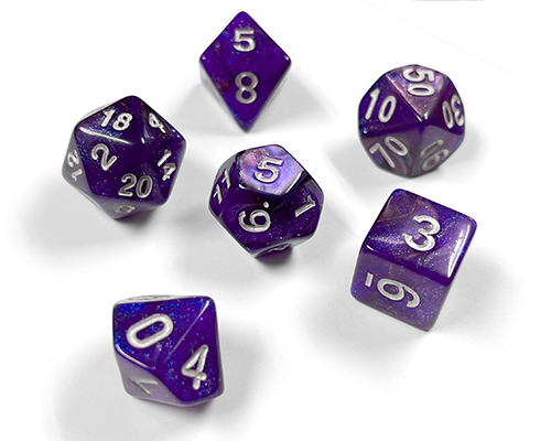 Six purple dice that are used in various table-top role-playing games.