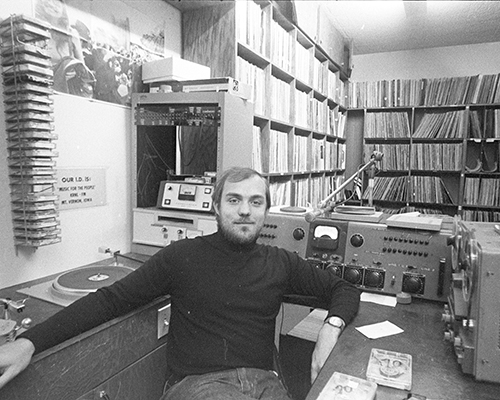 Jack Prince ’76  spends time in the production studio as the KRNL station manager in 1976. Photo credit: Eric Weston ’78
