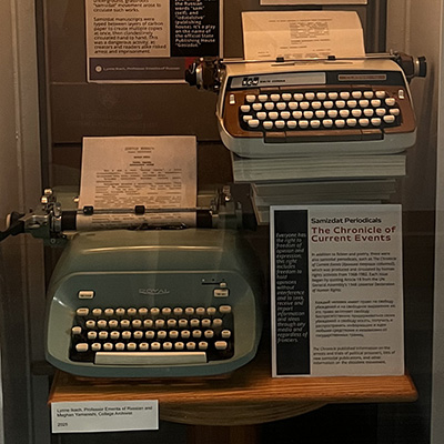 A display of Russian language typewriters.