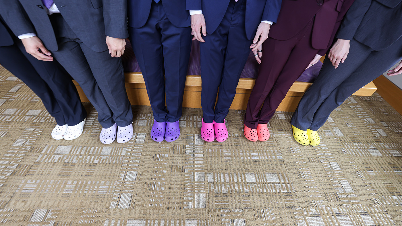 The Mock Trial team shows off their brightly colored crocs.