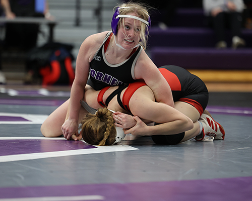 Cheyenne Mulford ’26 controls her opponent in a home dual with Central on Dec. 13, 2024. 