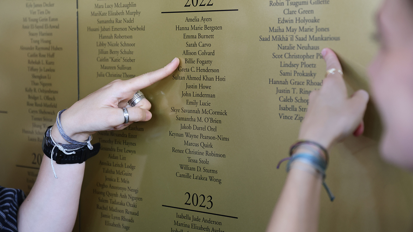 Photo of a plaque on the wall with the names of the PBK students.