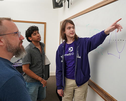 Students working with their professor at the white board.
