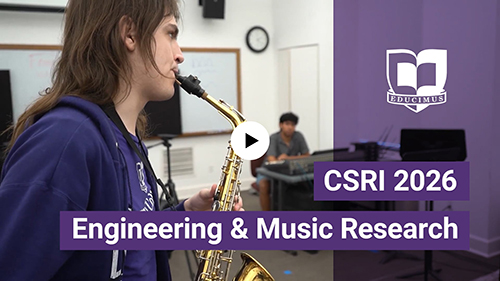 Student plays saxaphone with a video play button on the center of the image for viewers to click for a video.