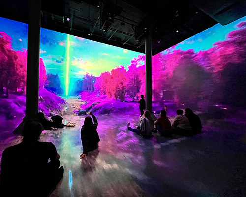 Students in an off-campus class to New York City paused to take in an immersive art exhibit.