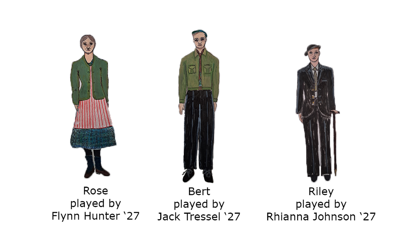 Drawings of the costumes of three characters from The Room, along with the students who will be playing them from Oct. 8-10.
