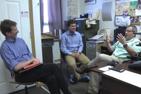 Professor Hans Hassell and Zach Stoll '18 meet with Jake Krob 1