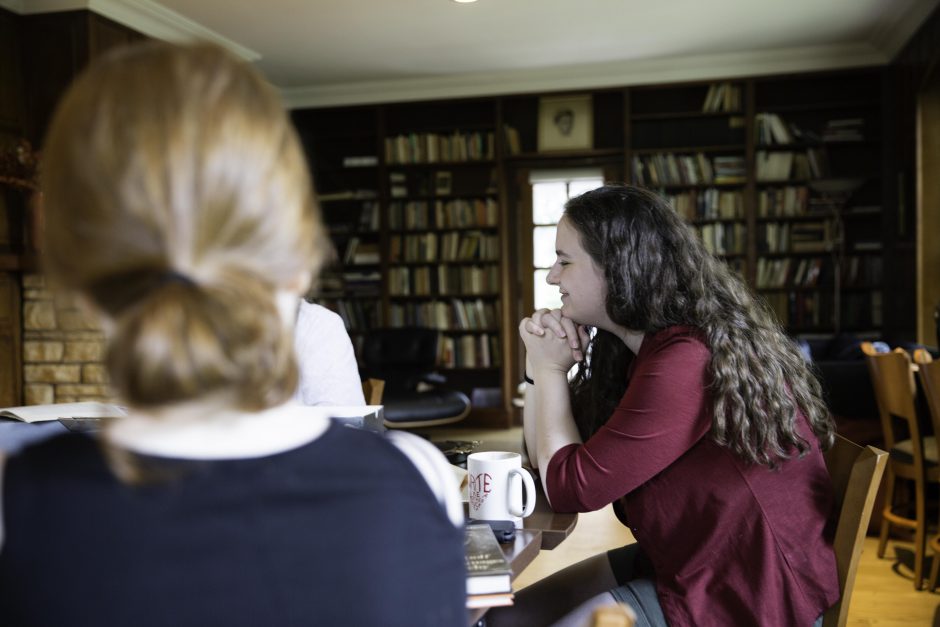 Maureen Sullivan ’18, Emma Jean Meyer ’19, Jessica Halter ’18 , and Professor Leslie Kathleen Hankins work in the Van Etten-Lacey House. 15