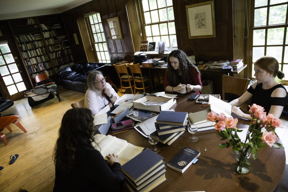 Maureen Sullivan ’18, Emma Jean Meyer ’19, Jessica Halter ’18 , and Professor Leslie Kathleen Hankins work in the Van Etten-Lacey House. 10