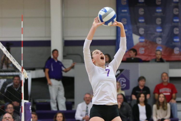 Schulte an ace on court in classroom Cornell College
