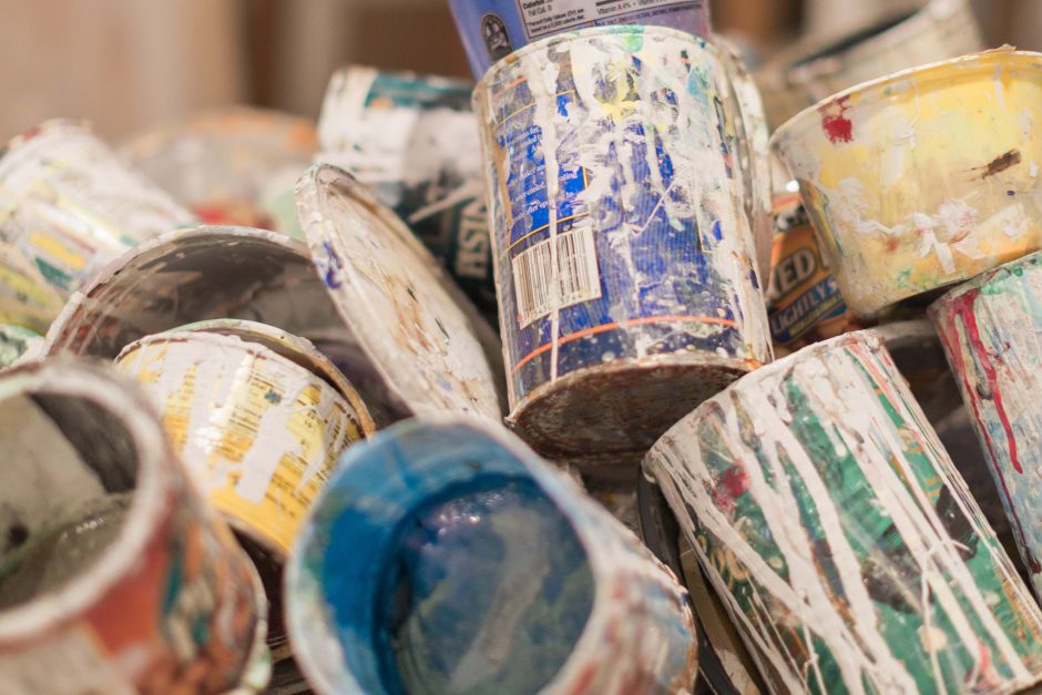 Empty paint cans in Hugh Lifson's studio