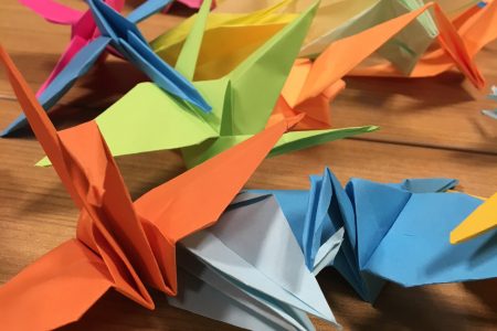 Several origami paper cranes