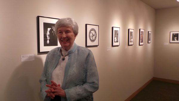 Nancy Price with her illustrations in Hearst gallery