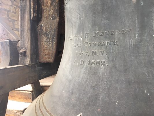 King Chapel bell with wording "Clinton H. Meneely Bell Company, Troy, N.Y. A.D. 1882