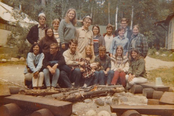 Preston Sitterly ’69 (front row, second from left), Julie Munger LaFollette (center of front row) and Steve LaFollette ’69 (directly behind Julie) during an Associated Colleges of the Midwest field camp near Ely, Minnesota, in 1968.