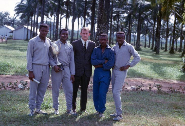 Donald Utroska ’60, who introduced track at his secondary school in Nigeria, is seen with the 400-meter relay team that took first place at a regional meet.
