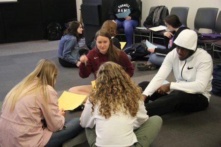 Cornell students work in groups with high school students