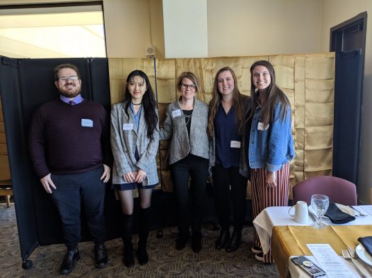  (pictured left to right) Zach Shoulders ’20, Angie Zhao ’20, Associate Professor Tori Barnes-Brus, Allison Krull ’20, and Brittney Starks ’20 