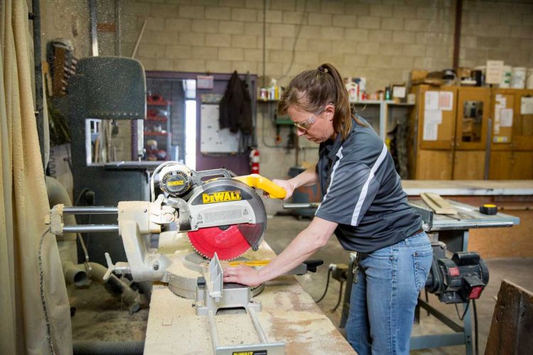 Tina Michel in carpentry shop