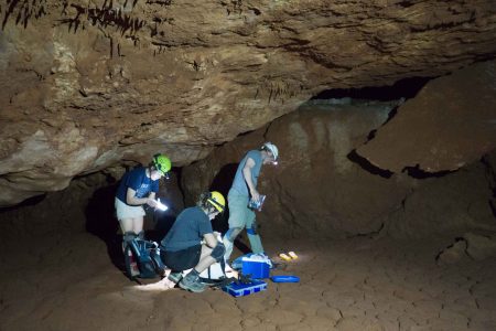 Chloe Martin '21 (left), Paige Klug '21 (center), and Professor of Geology Rhawn Denniston are spending their summer researching inside Star Chamber Cave in Western Australia.