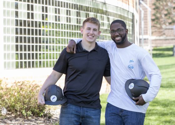 Zach Yankovich ՚19 (left) and Milton Spradley ՚19 in front of the Small Multi-Sport Center a few weeks prior to their commencement. Both call Florida home and the internship program brings them back to the sunshine state. 