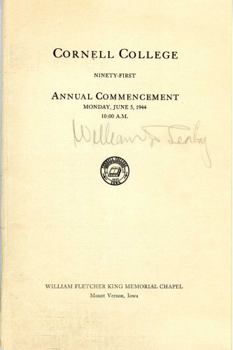 Admiral Leahy autographed this copy of the 1944 Cornell Commencement program. Courtesy of the Cornell College archives.