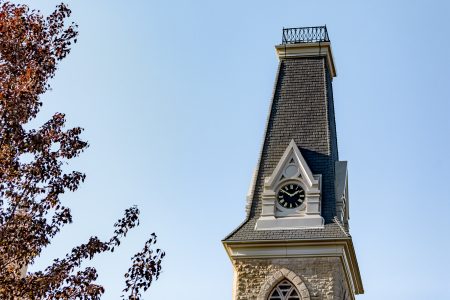 Photo of the King Chapel bell tower on the Cornell College campus