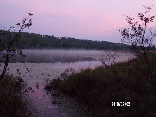 Photo taken by Natalie Bradshaw during wilderness course that features the foggy lake.