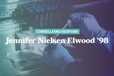 Graphic with Jennifer Nielsen Elwood's name and hands with gloves working on scientific research