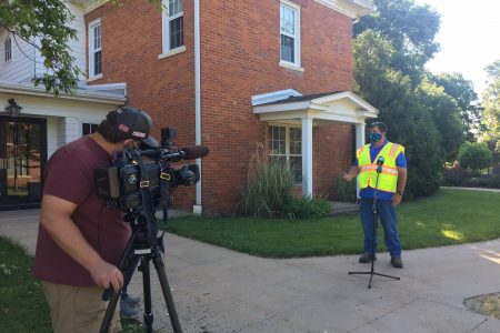 Camera crew doing interview on the Cornell College campus