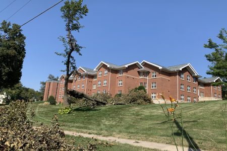 building with storm damaged tree