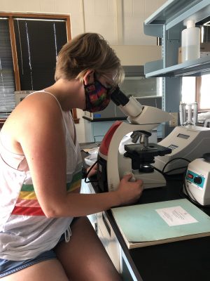 Kat Armstrong looking into a microscope