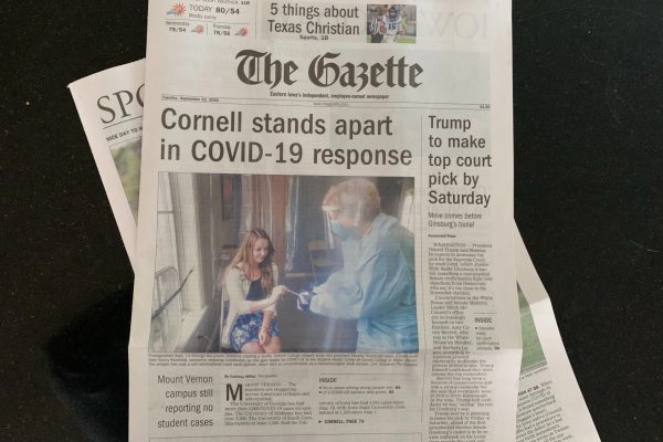Photo of The Gazette with front page story featuring Cornell College