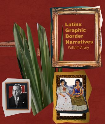 Red photo with images and words, "Latinx Graphic Border Narratives"