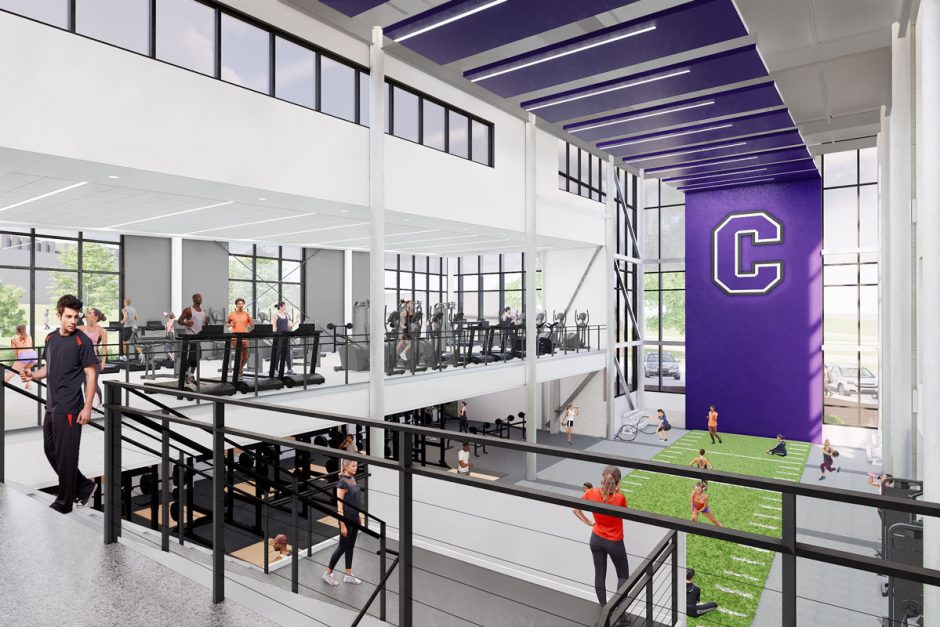 The upper level of the fitness area is for the entire campus, while the lower level primarily allows for more advanced workouts. Both floors are visually open to one another, fostering a sense of community.