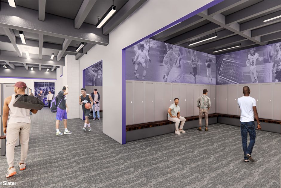 Locker rooms are redesigned and expanded, with the additions of a flex locker room to be used in its entirety or partitioned, and a visiting team-community locker room.