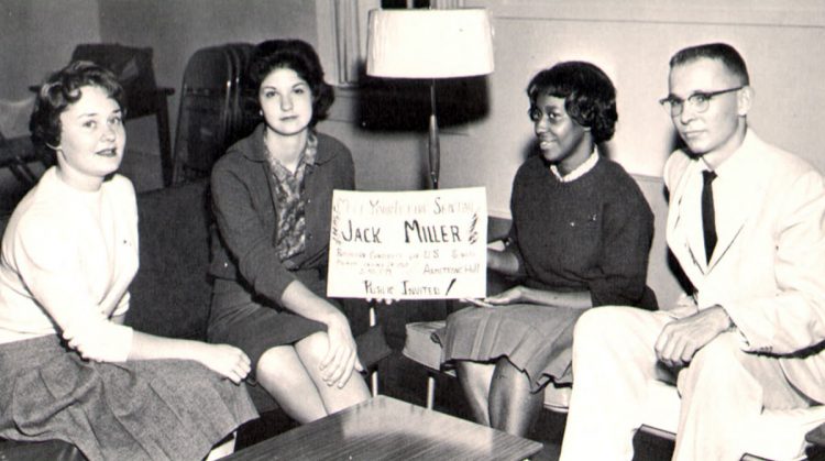Madgetta Thornton Dungy ’64 (third from left, with Janet Ricketts Jenkins ’62, Paula Stutsman Michel ’61, and Leland Bowie ’61) is pictured urging students to meet a U.S. Senate candidate visiting campus. (1961 Royal Purple)