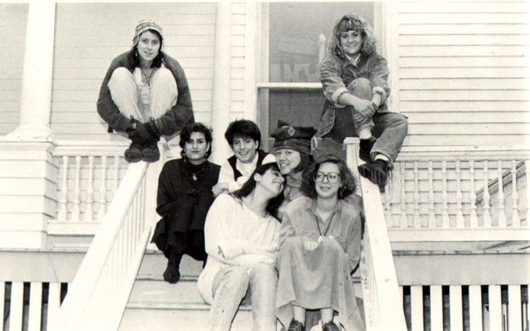 Members of the 1987-88 Women’s Affinity Group at Harlan House pose for the Royal Purple. Row 1: Jane Rohr ’88, Ann Van Zee ’88. Row 2: Jennifer Surgal ’91, Jenna Shearn ’89, Mary Kwakenat ’90. Row 3: Marianne Pyott ’91, Lauri McKean ’91. Not pictured: Jill Ashley-Grochowski ’89, Jane Dohrmann ’88, Renee Getter ’89, Joanne Gipson Brady ’89, Marie Lavigne ’88. (1988 Royal Purple)