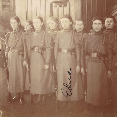 The Cornell Ladies Battalion in 1897-98. The uniformed women have rifles as well as bayonets hung in scabbards.