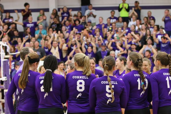 An enthusiastic home crowd applauds Cornell’s volleyball team following a 2016 Bremner Cup victory over Coe. 